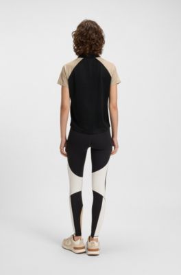 Active Top mit Jacquard-Monogrammen und Knopfleiste, Schwarz / Beige