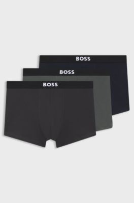 Three-pack of stretch-cotton trunks with logo waistbands, Black / Grey / Blue