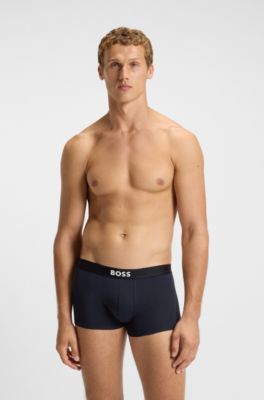 Three-pack of stretch-cotton trunks with logo waistbands, Black / Grey / Blue