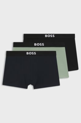 Three-pack of stretch-cotton trunks with logo waistbands, Black / Green / Blue