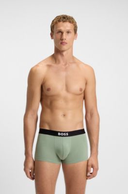 Three-pack of stretch-cotton trunks with logo waistbands, Black / Green / Blue