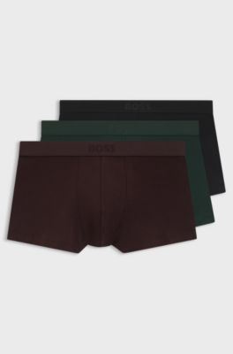 Three-pack of stretch-cotton trunks with logo waistbands, Black / Green / Blue