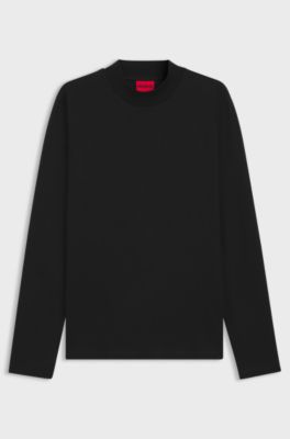 Mock-neck slim-fit T-shirt in mercerised cotton, Black