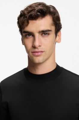 Mock-neck slim-fit T-shirt in mercerised cotton, Black