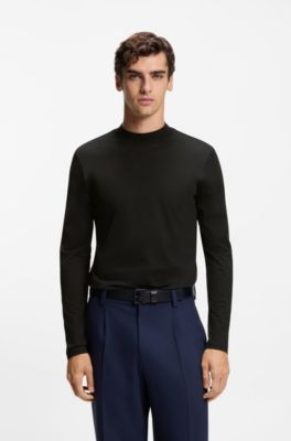 Mock-neck slim-fit T-shirt in mercerised cotton, Black
