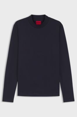 Mock-neck slim-fit T-shirt in mercerised cotton, Dark Blue