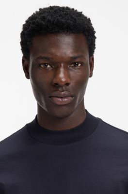 Mock-neck slim-fit T-shirt in mercerised cotton, Dark Blue