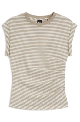 Striped top in cotton jersey with gathered waist, Light Beige
