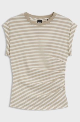 Striped top in cotton jersey with gathered waist, Light Beige