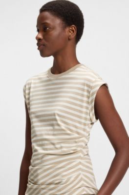 Striped top in cotton jersey with gathered waist, Light Beige