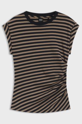 Striped top in cotton jersey with gathered waist, Patterned