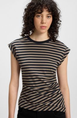 Striped top in cotton jersey with gathered waist, Patterned