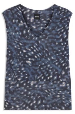 V-neck top in printed matte jersey, Blue Patterned