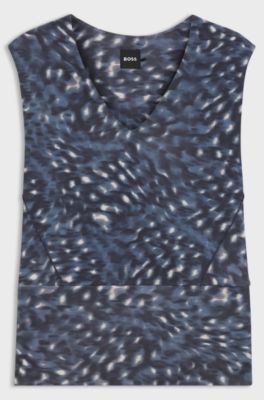 V-neck top in printed matte jersey, Blue Patterned