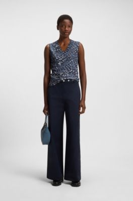 V-neck top in printed matte jersey, Blue Patterned