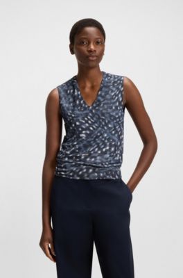 V-neck top in printed matte jersey, Blue Patterned