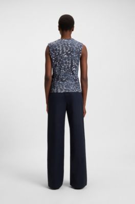 V-neck top in printed matte jersey, Blue Patterned