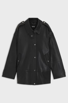 Long-length biker jacket in leather, Black