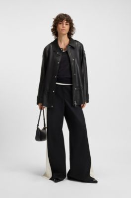 Long-length biker jacket in leather, Black