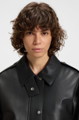 Long-length biker jacket in leather, Black
