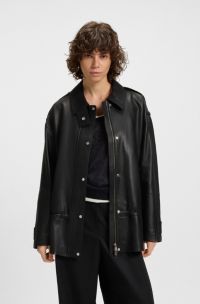 Long-length biker jacket in leather, Black