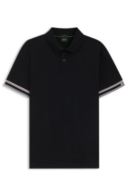 Slim-fit polo shirt in cotton with striped cuffs, Black