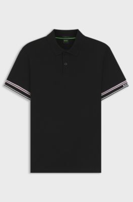 Polo slim fit in cotone con fondo manica a righe, Nero