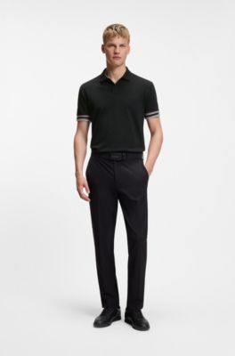 Slim-fit polo shirt in cotton with striped cuffs, Black