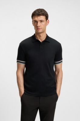 Slim-fit polo shirt in cotton with striped cuffs, Black