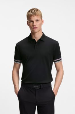 Polo Slim en coton avec bas de manches &agrave; rayures, Noir