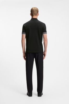 Slim-fit polo van katoen met gestreepte mouwboorden, Zwart