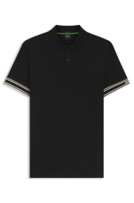 Slim-fit polo shirt in cotton with striped cuffs, Black