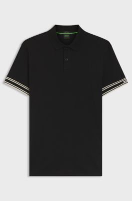 Polo Slim en coton avec bas de manches &agrave; rayures, Noir