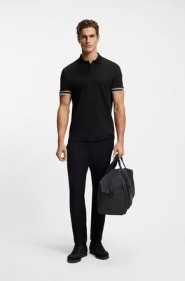 Slim-fit polo shirt in cotton with striped cuffs, Black