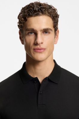 Polo Slim en coton avec bas de manches &agrave; rayures, Noir