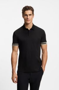 Slim-fit polo shirt in cotton with striped cuffs, Black