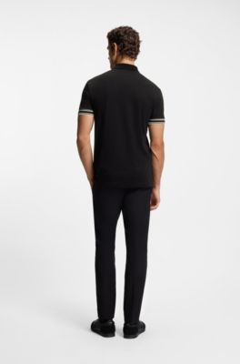 Slim-fit polo shirt in cotton with striped cuffs, Black