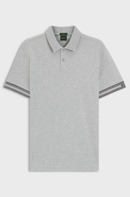 Slim-fit polo shirt in cotton with striped cuffs, Light Grey