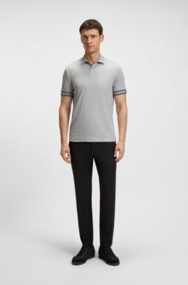 Polo slim fit in cotone con fondo manica a righe, Grigio chiaro