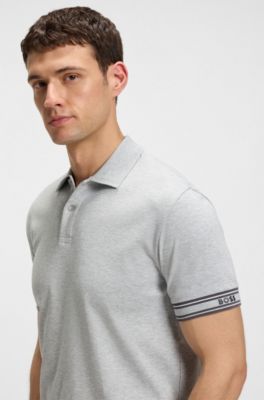 Slim-fit polo shirt in cotton with striped cuffs, Light Grey
