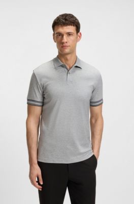 Polo slim fit in cotone con fondo manica a righe, Grigio chiaro