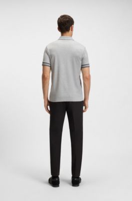 Polo slim fit in cotone con fondo manica a righe, Grigio chiaro