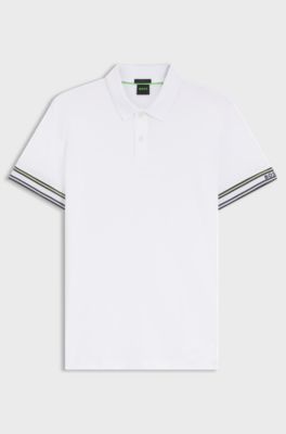 Polo slim fit de algod&oacute;n con pu&ntilde;os a rayas, Blanco