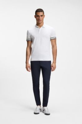 Slim-fit polo shirt in cotton with striped cuffs, White