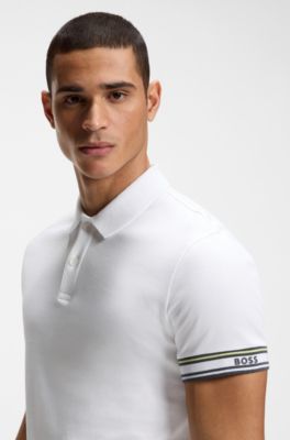 Polo slim fit in cotone con fondo manica a righe, Bianco