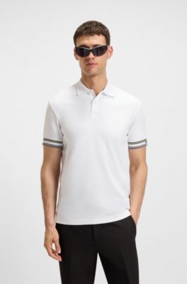 Slim-fit polo shirt in cotton with striped cuffs, White