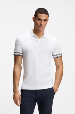Slim-fit polo shirt in cotton with striped cuffs, White