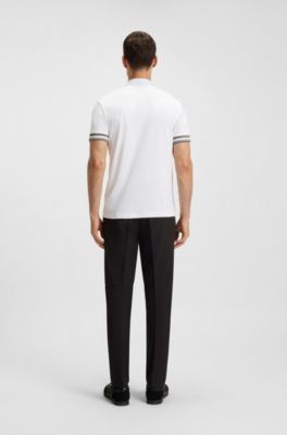 Slim-fit polo shirt in cotton with striped cuffs, White