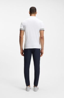 Polo slim fit de algod&oacute;n con pu&ntilde;os a rayas, Blanco