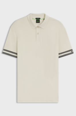 Slim-fit polo shirt in cotton with striped cuffs, Natural
